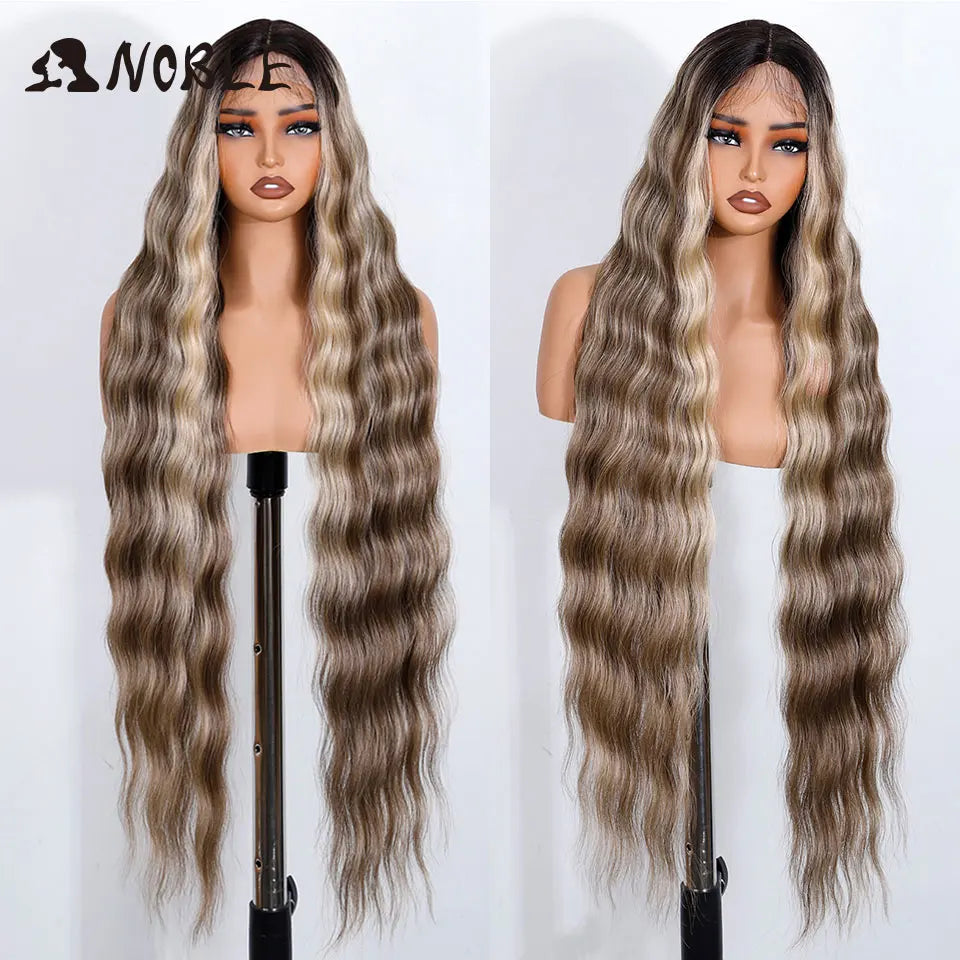 Noble Synthetic Lace Front Wig 36 " Long Wavy Lace Part Body Wavy Golden Wig For Women Lace Front Wig Ombre Blonde Cosplay Wig