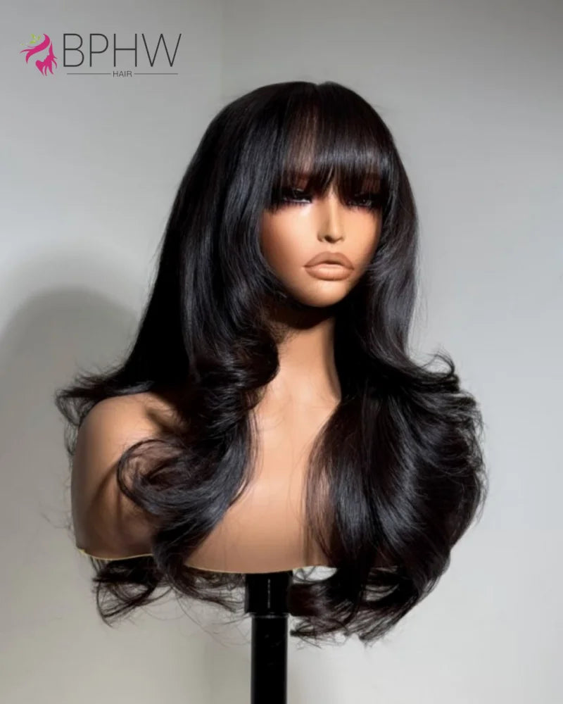 30 inches Body Wave Human Hair Wigs With Bangs Short Bob Wig 180% Density Brazilian Fringe Remy Full Machine Made Wig For Women