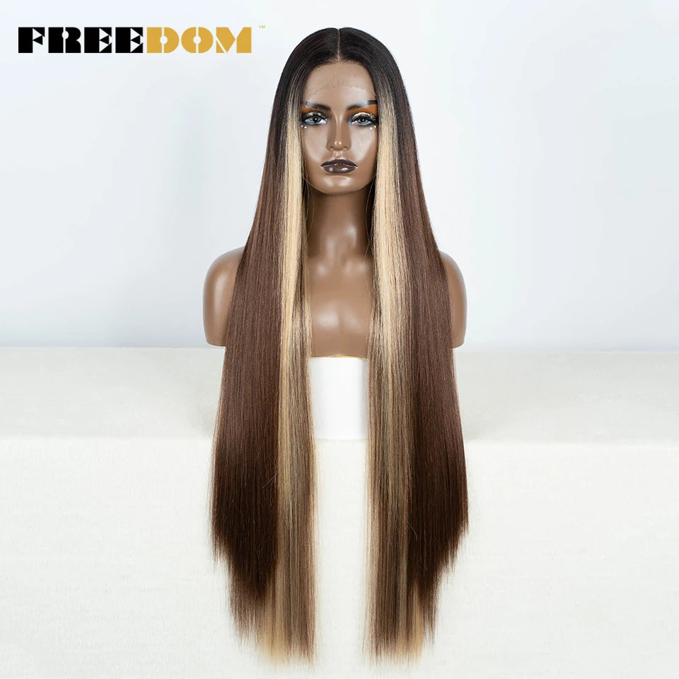 FREEDOM Straight Synthetic Lace Front Wig For Women 38 Inch Long Ombre Brown Red Blonde Hightlight Lace Frontal Wigs Cosplay Wig