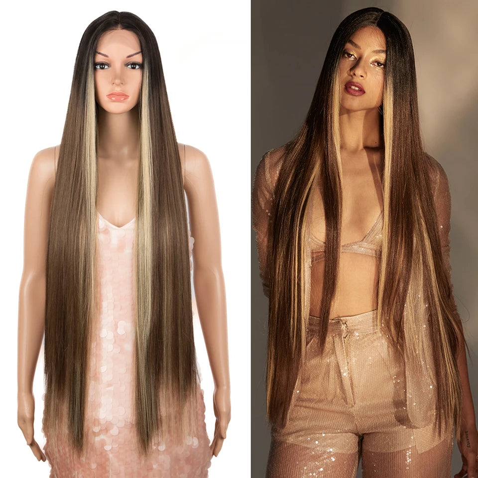 FREEDOM Straight Synthetic Lace Front Wig For Women 38 Inch Long Ombre Brown Red Blonde Hightlight Lace Frontal Wigs Cosplay Wig