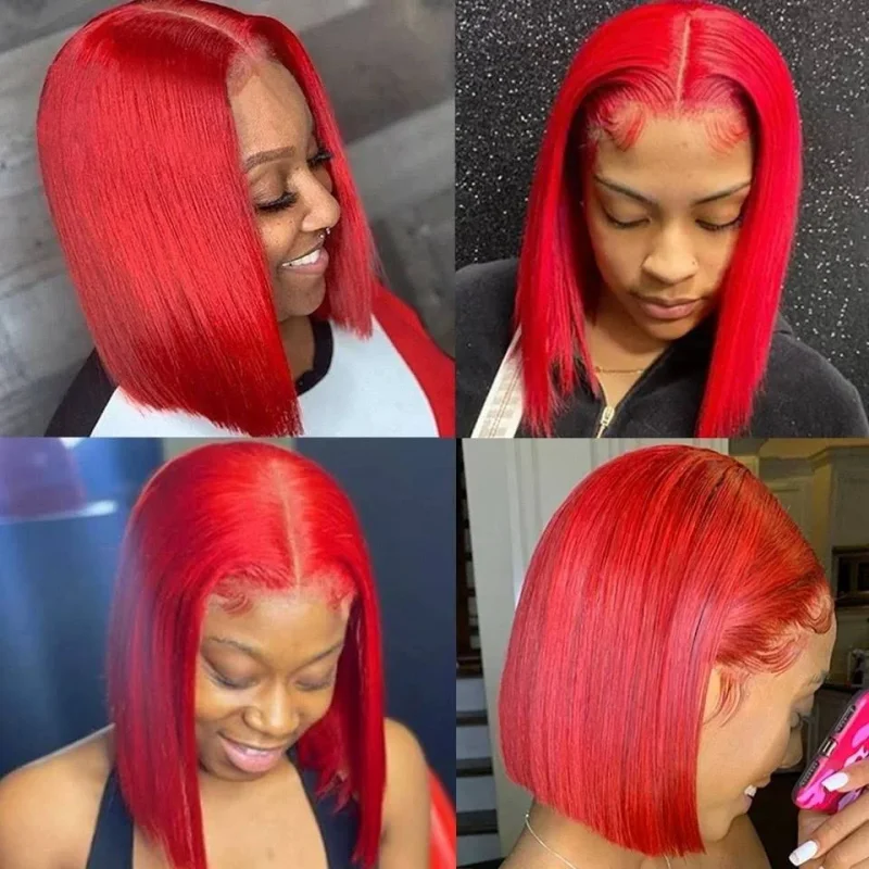 Red Short Bob Wig Human Hair Straight 13X4 Lace Frontal Wig With Natural Hairline Pre Plucked Short Human Hair Wigs