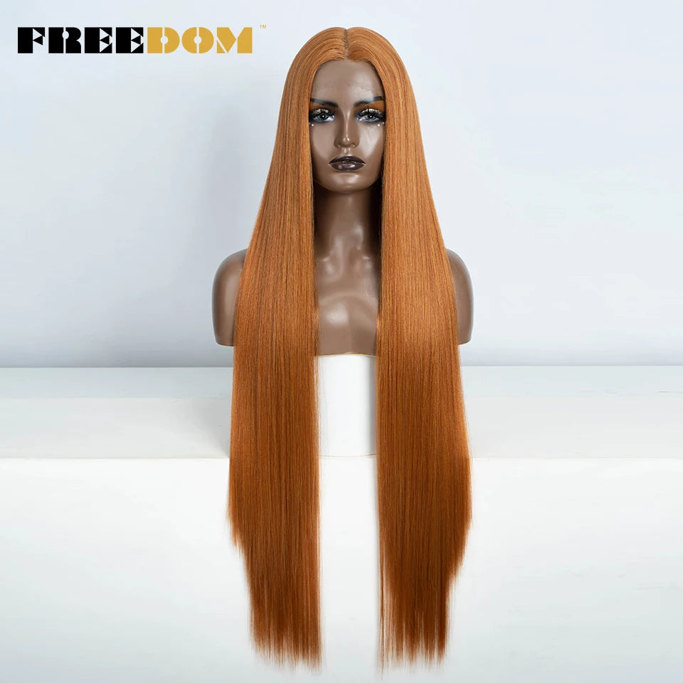 FREEDOM Straight Synthetic Lace Front Wig For Women 38 Inch Long Ombre Brown Red Blonde Hightlight Lace Frontal Wigs Cosplay Wig