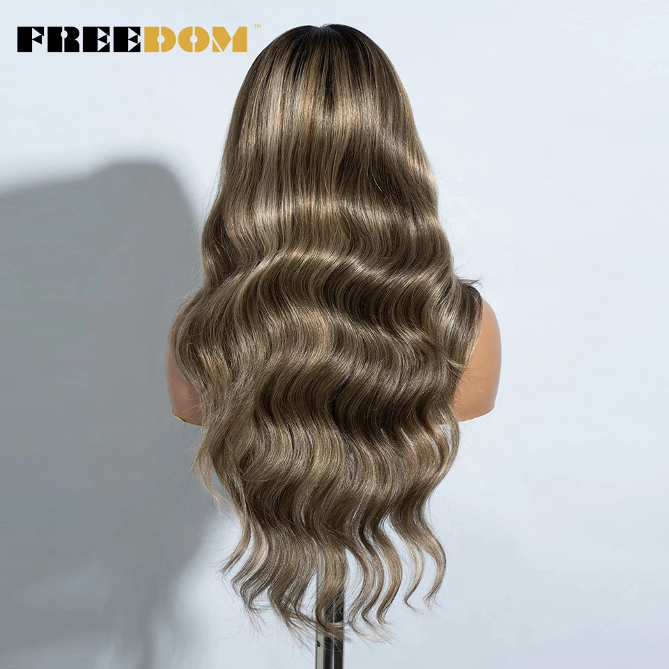 FREEDOM Synthetic Lace Front Wigs For Women 26“ Highlight Honey Brown Body Wave Wig Ombre Blonde Lace Wig Synthetic Cosplay Wig