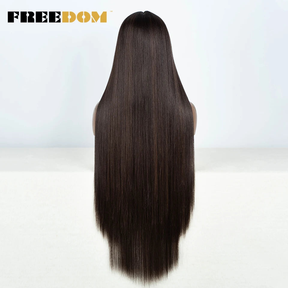 FREEDOM Straight Synthetic Lace Front Wig For Women 38 Inch Long Ombre Brown Red Blonde Hightlight Lace Frontal Wigs Cosplay Wig