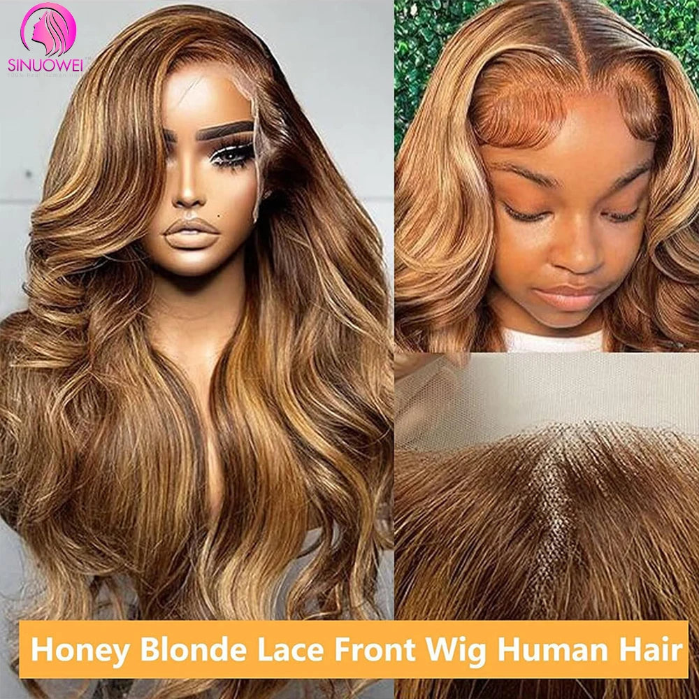 180% Colored Highlight Body Wave 13x6 Lace Front Human Hair Wigs 32 34 Inch Honey Blonde Water Wave Frontal Wig Extensions