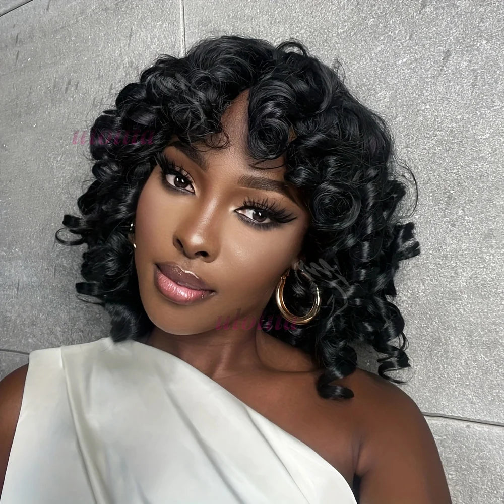 Rose Curly Wig With Bangs Fumi Human Hair Full Machine Made Loose Wave Short Bob Wigs For Women Brazilian Virgin Pixie Cut Wig