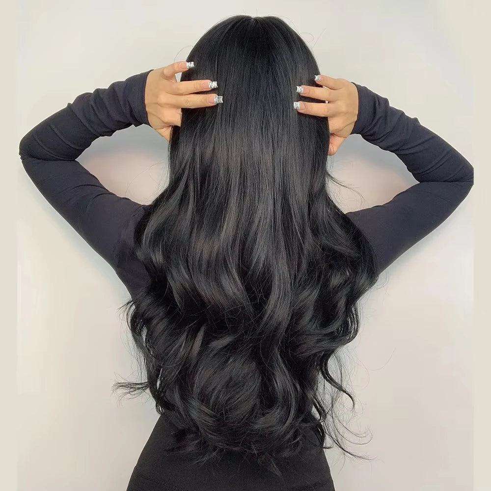 Black synthetic wig with bangs long Wave wig Ladies Cosplay daily use of natural wave curly high temperature silk wig