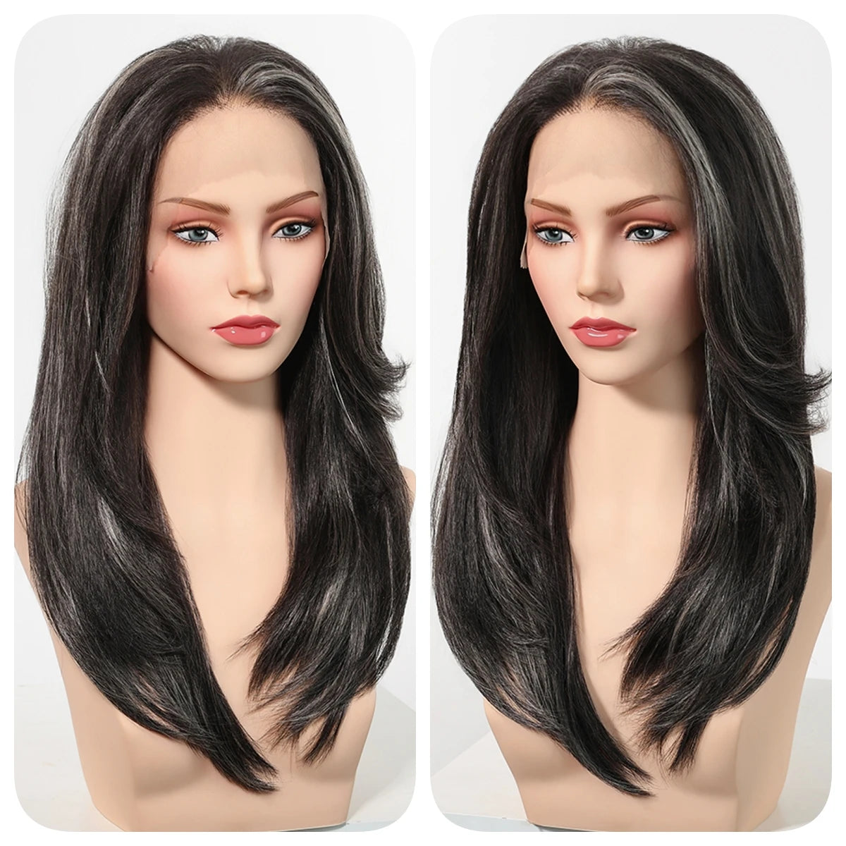 Natural Black With Blonde Highlights Wigs For Women Daily Straight Layered 13*6 Lace Front Synthetic Wig Free Part High Density