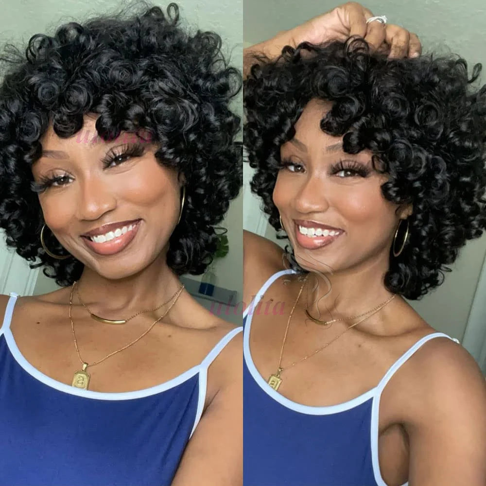 Rose Curly Wig With Bangs Fumi Human Hair Full Machine Made Loose Wave Short Bob Wigs For Women Brazilian Virgin Pixie Cut Wig