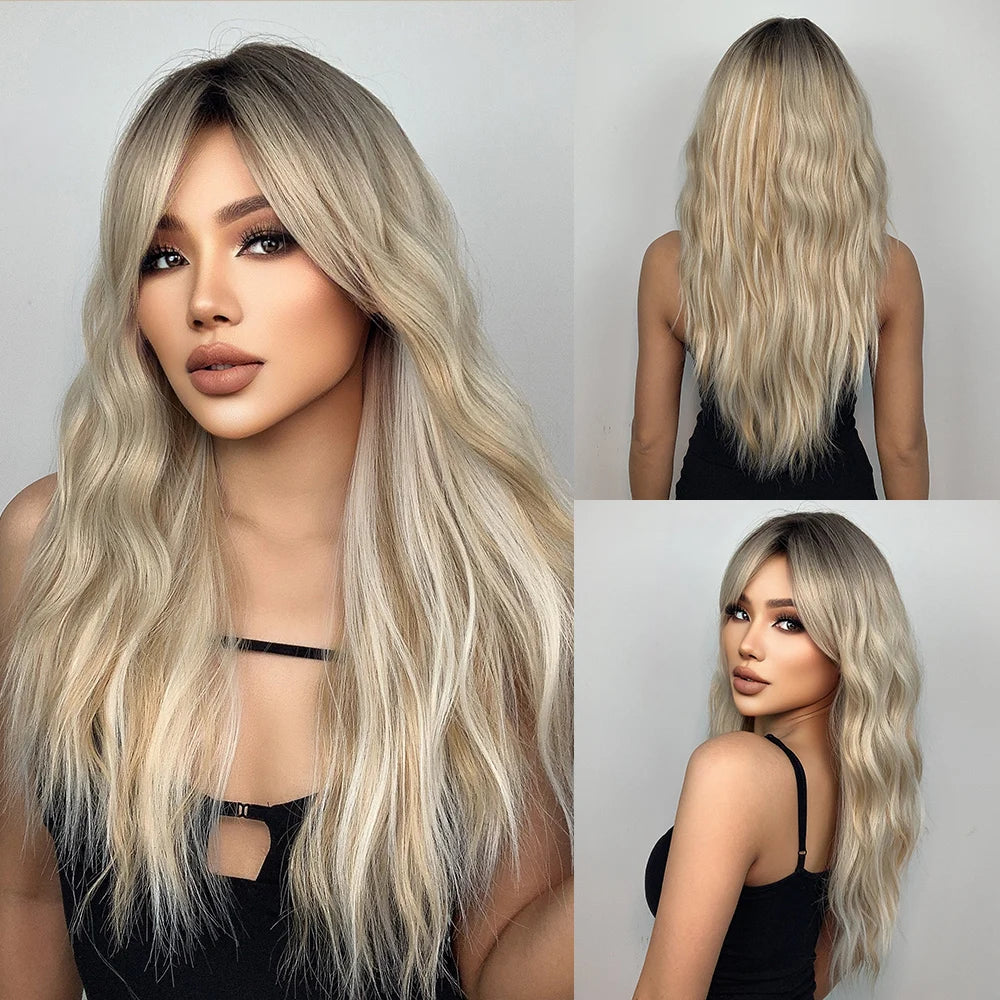 Long Wavy Synthetic Blonde Beige Wigs with Bangs for Women Deep Wave Blonde Hairs Cosplay Party Daily Use Heat Resistant Wig