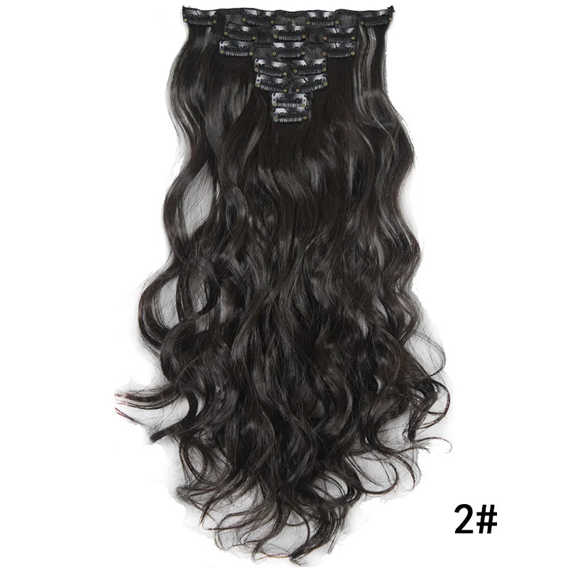 7pcs large wave black 22-inch medium synthetic clip-on hair extension