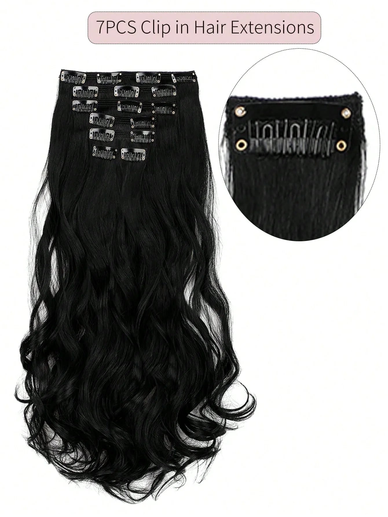 7pcs large wave black 22-inch medium synthetic clip-on hair extension