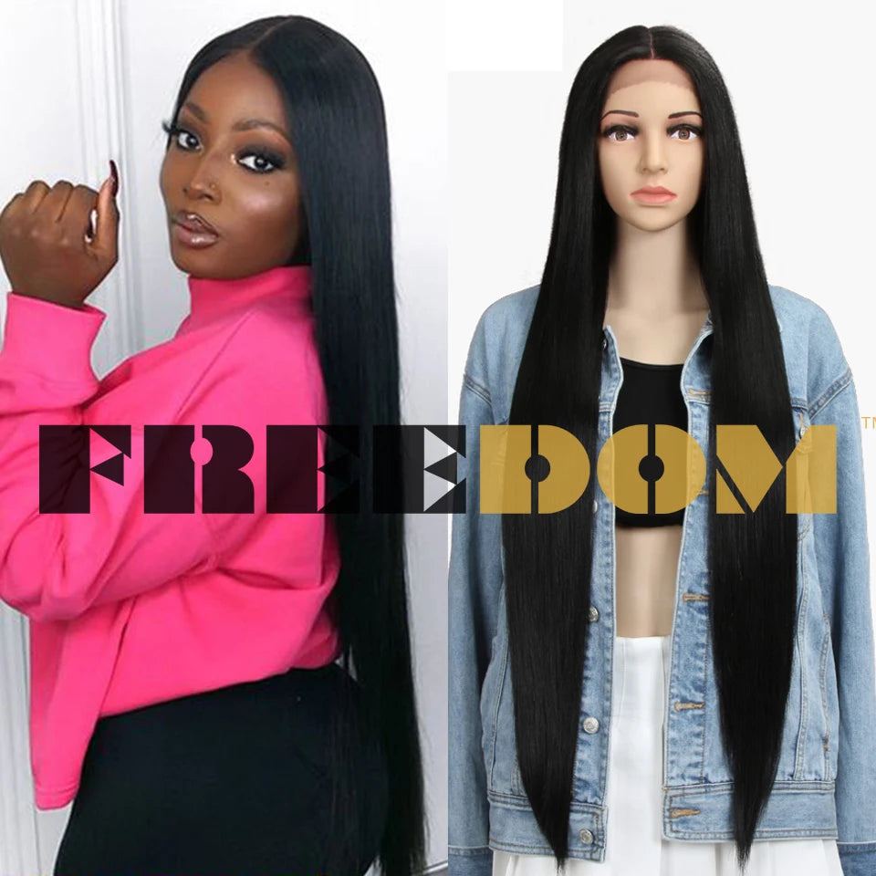 FREEDOM Straight Synthetic Lace Front Wig For Women 38 Inch Long Ombre Brown Red Blonde Hightlight Lace Frontal Wigs Cosplay Wig