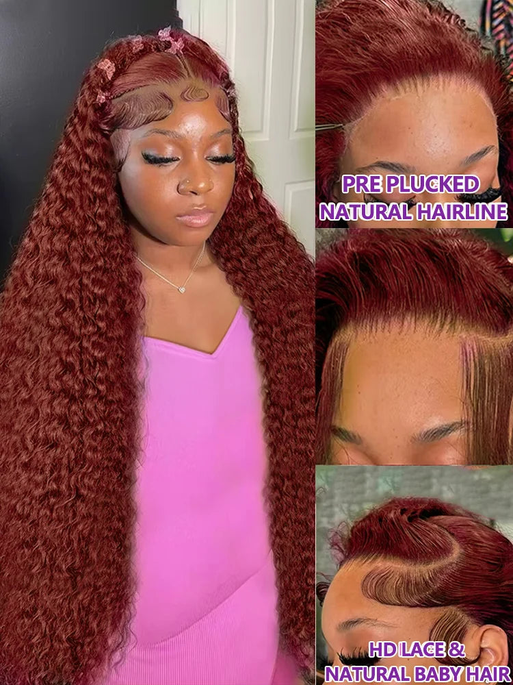 30 Inch Reddish Brown Loose Deep Wave 13x4 HD Lace Frontal Human Hair Curly Wigs High Density Brazilian Water Wave Wig For Women