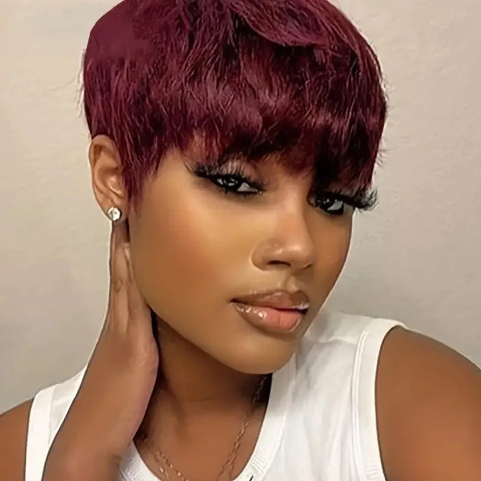 Joedir Wholesale Clearance Brown Color Short Wavy Bob Pixie Cut Full Machine Made Human Hair Wigs With Bangs For Black Women