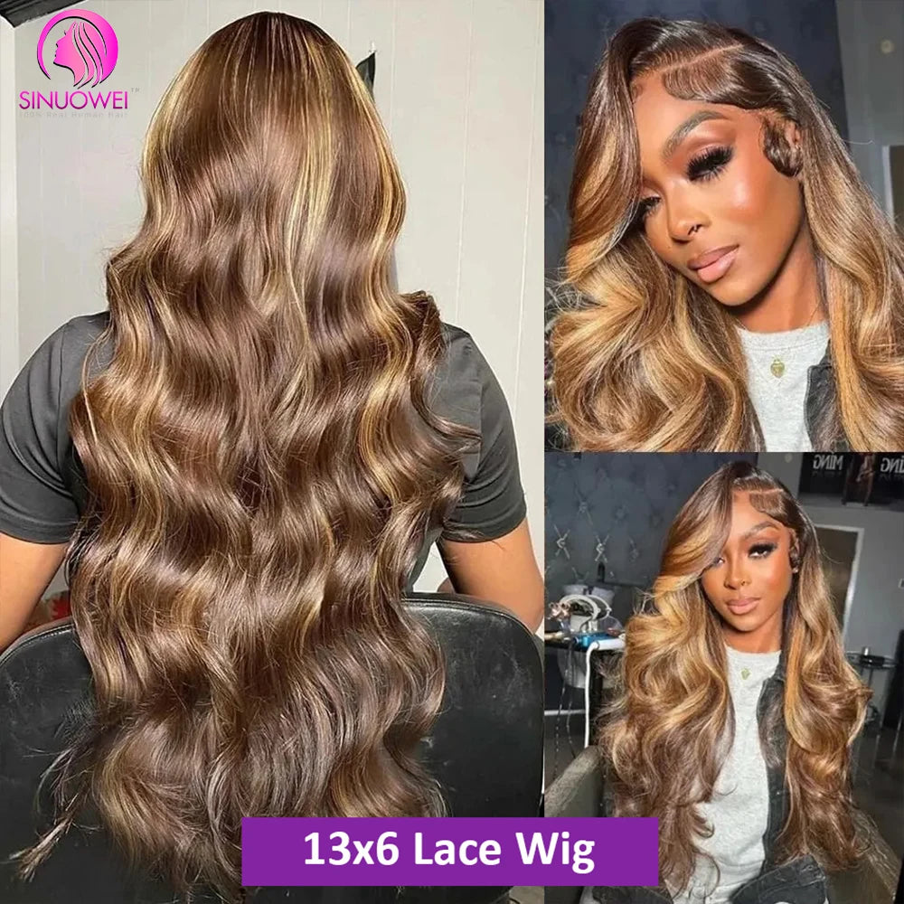 180% Colored Highlight Body Wave 13x6 Lace Front Human Hair Wigs 32 34 Inch Honey Blonde Water Wave Frontal Wig Extensions