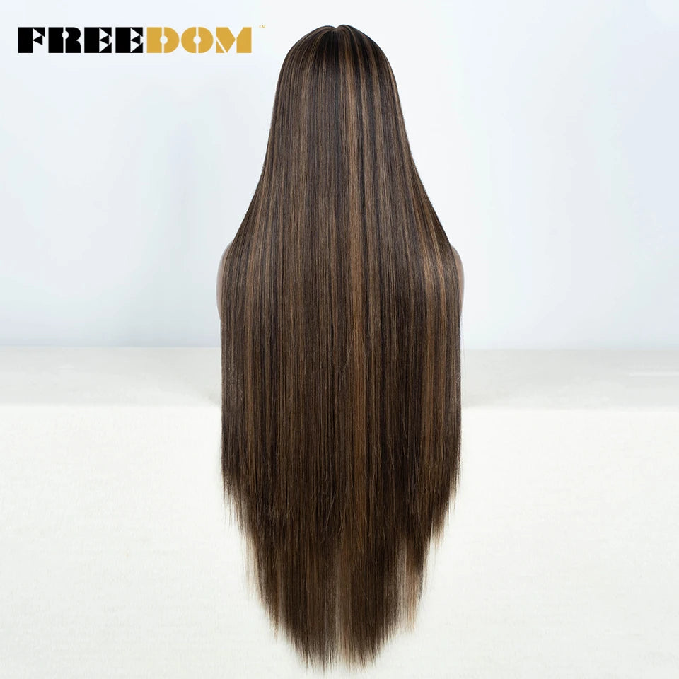 FREEDOM Straight Synthetic Lace Front Wig For Women 38 Inch Long Ombre Brown Red Blonde Hightlight Lace Frontal Wigs Cosplay Wig