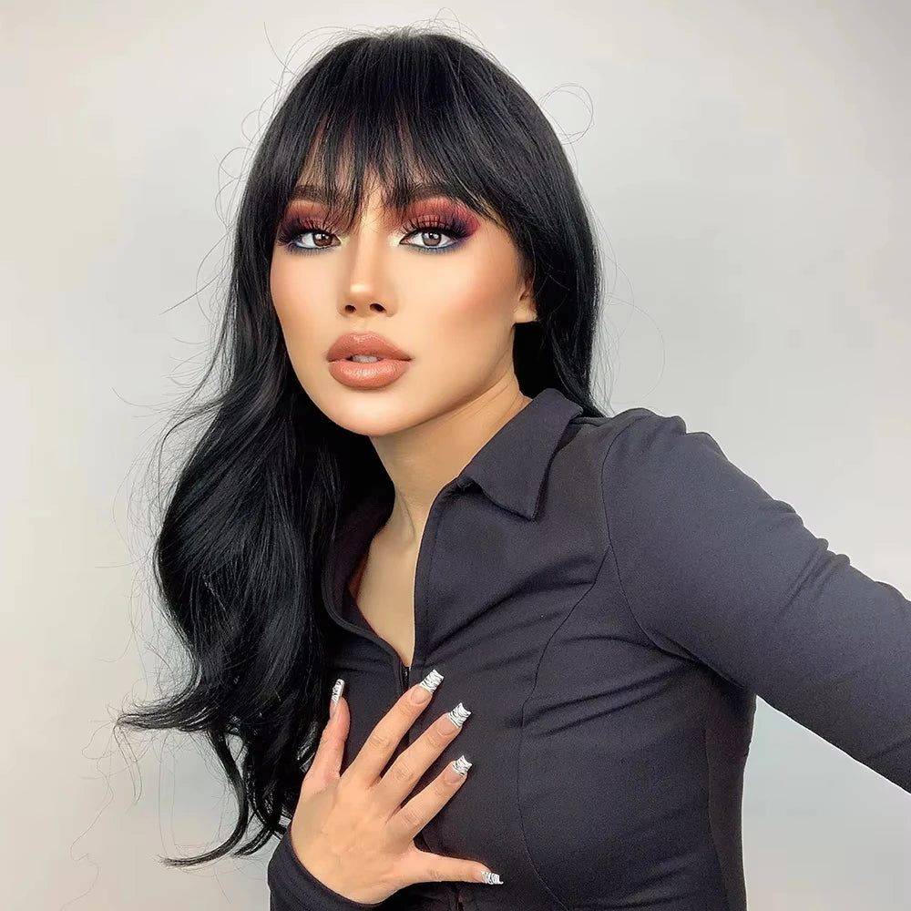 Black synthetic wig with bangs long Wave wig Ladies Cosplay daily use of natural wave curly high temperature silk wig