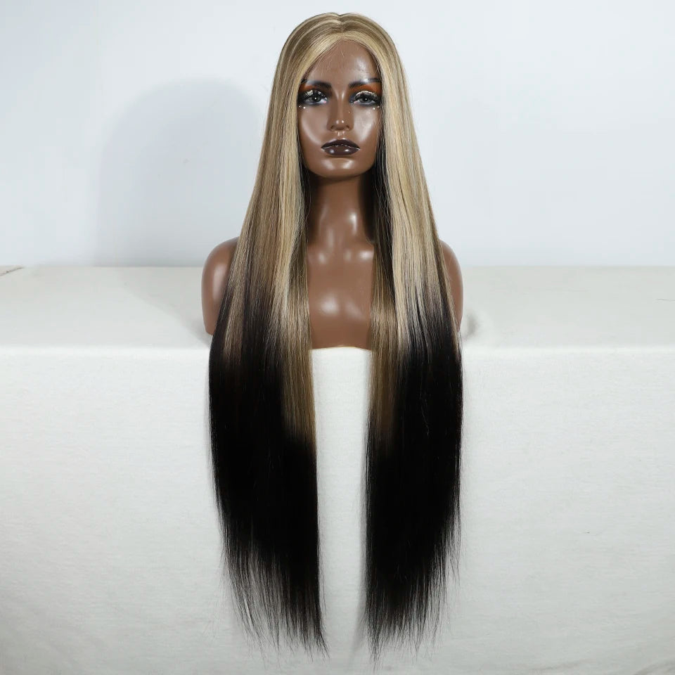 FREEDOM Straight Synthetic Lace Front Wig For Women 38 Inch Long Ombre Brown Red Blonde Hightlight Lace Frontal Wigs Cosplay Wig