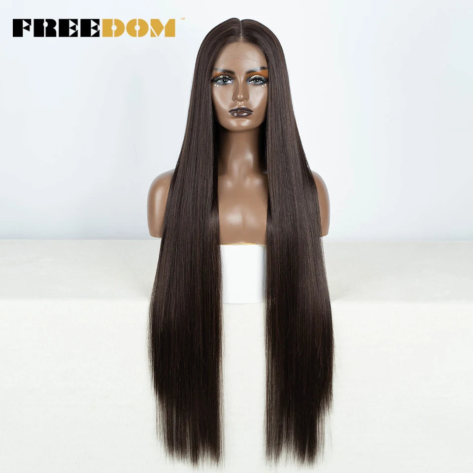 FREEDOM Straight Synthetic Lace Front Wig For Women 38 Inch Long Ombre Brown Red Blonde Hightlight Lace Frontal Wigs Cosplay Wig