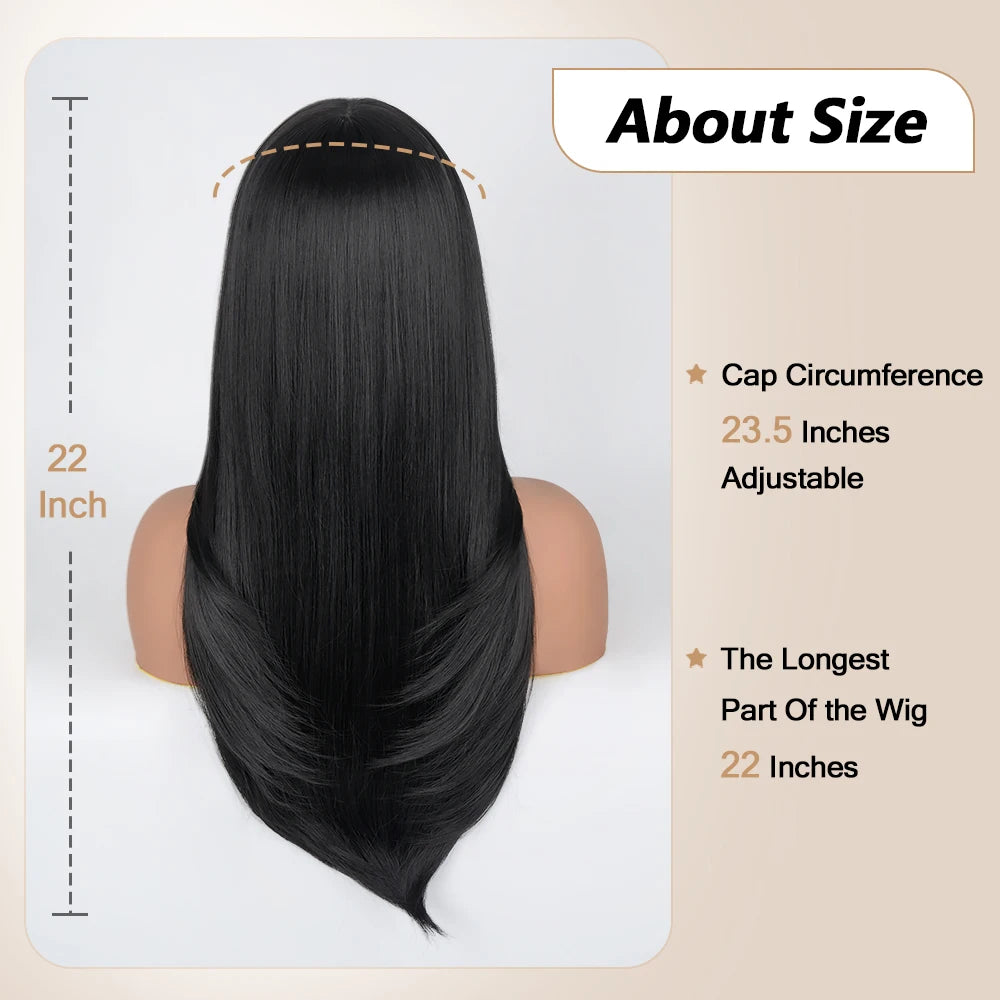 Layered Lace Wigs with Bangs Straight Lace Fake Scalp Synthetic Natural Layers Cut Wigs For Women Heat Resistant Glueless Wigs