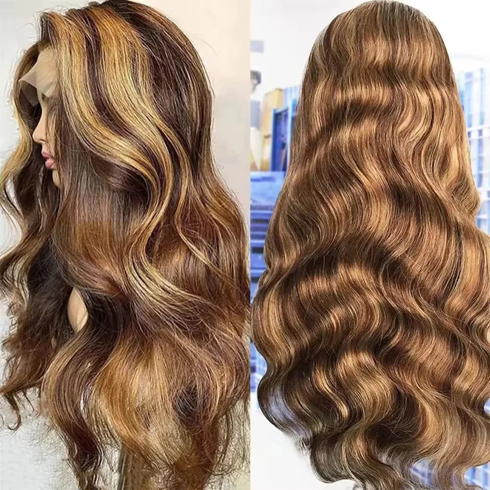 180% Colored Highlight Body Wave 13x6 Lace Front Human Hair Wigs 32 34 Inch Honey Blonde Water Wave Frontal Wig Extensions