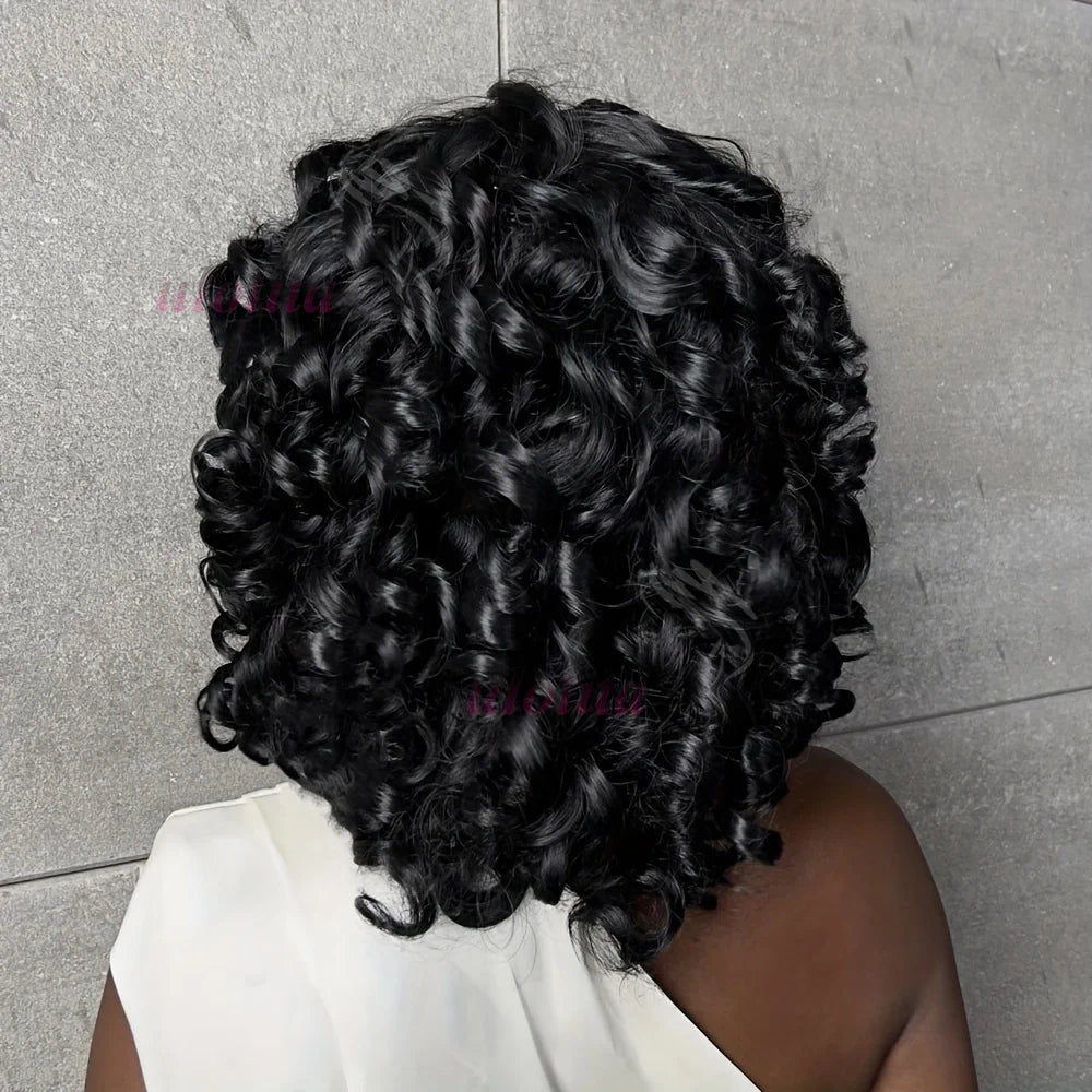 Rose Curly Wig With Bangs Fumi Human Hair Full Machine Made Loose Wave Short Bob Wigs For Women Brazilian Virgin Pixie Cut Wig