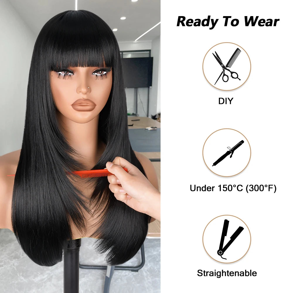 Layered Lace Wigs with Bangs Straight Lace Fake Scalp Synthetic Natural Layers Cut Wigs For Women Heat Resistant Glueless Wigs