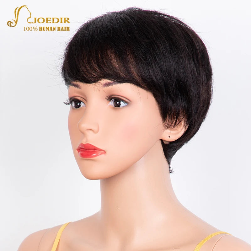 Joedir Wholesale Clearance Brown Color Short Wavy Bob Pixie Cut Full Machine Made Human Hair Wigs With Bangs For Black Women