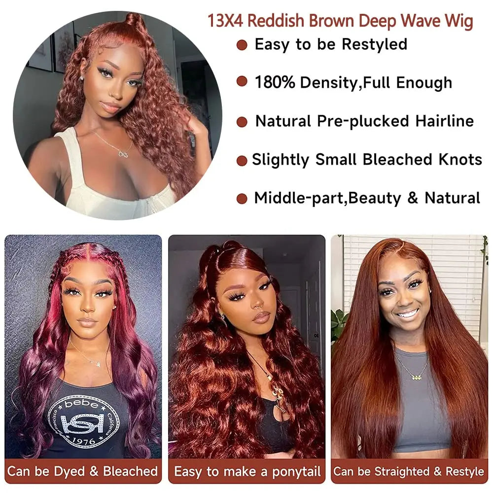 30 Inch Reddish Brown Loose Deep Wave 13x4 HD Lace Frontal Human Hair Curly Wigs High Density Brazilian Water Wave Wig For Women