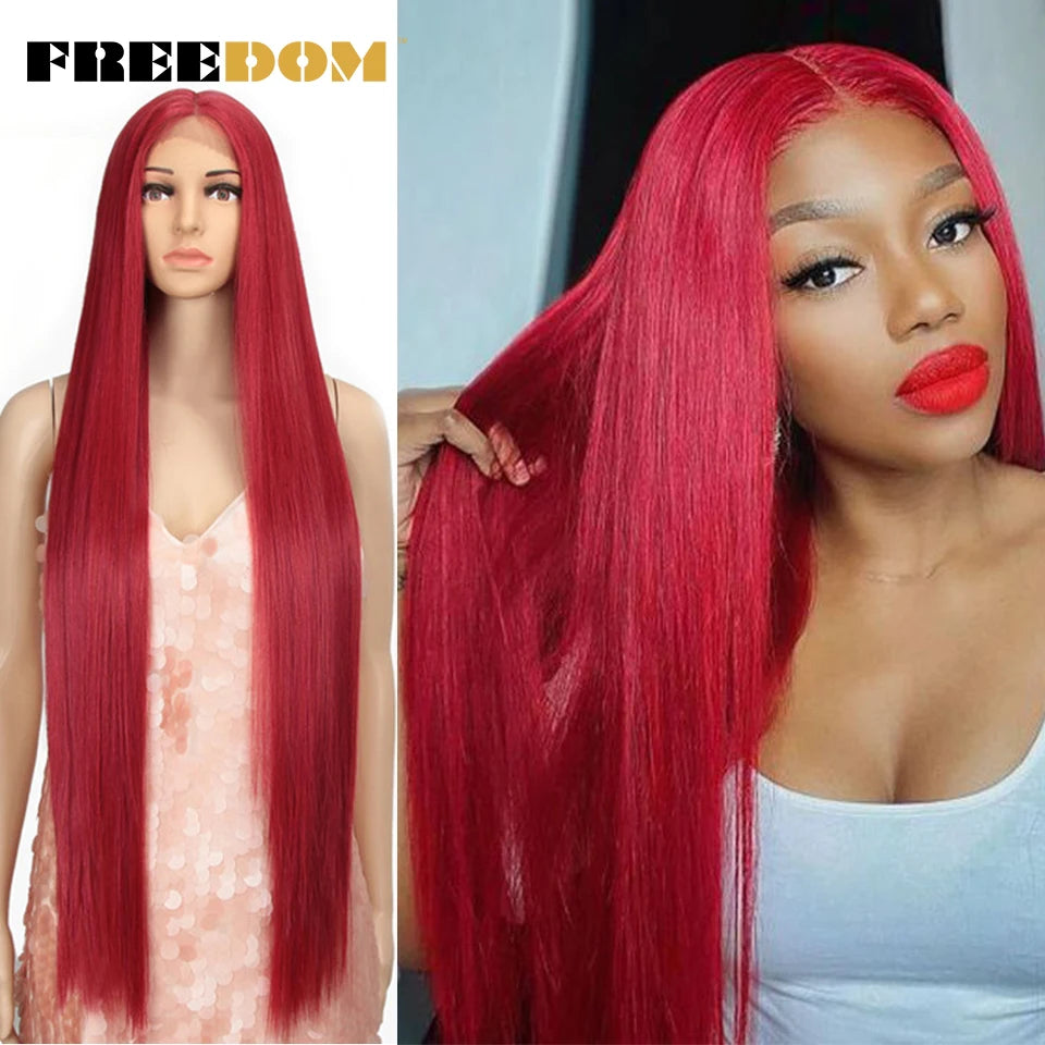 FREEDOM Straight Synthetic Lace Front Wig For Women 38 Inch Long Ombre Brown Red Blonde Hightlight Lace Frontal Wigs Cosplay Wig