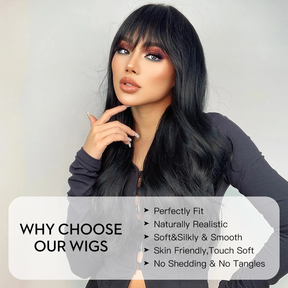 Black synthetic wig with bangs long Wave wig Ladies Cosplay daily use of natural wave curly high temperature silk wig