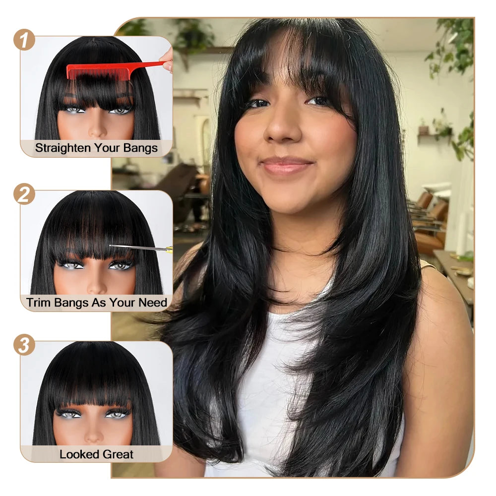Layered Lace Wigs with Bangs Straight Lace Fake Scalp Synthetic Natural Layers Cut Wigs For Women Heat Resistant Glueless Wigs