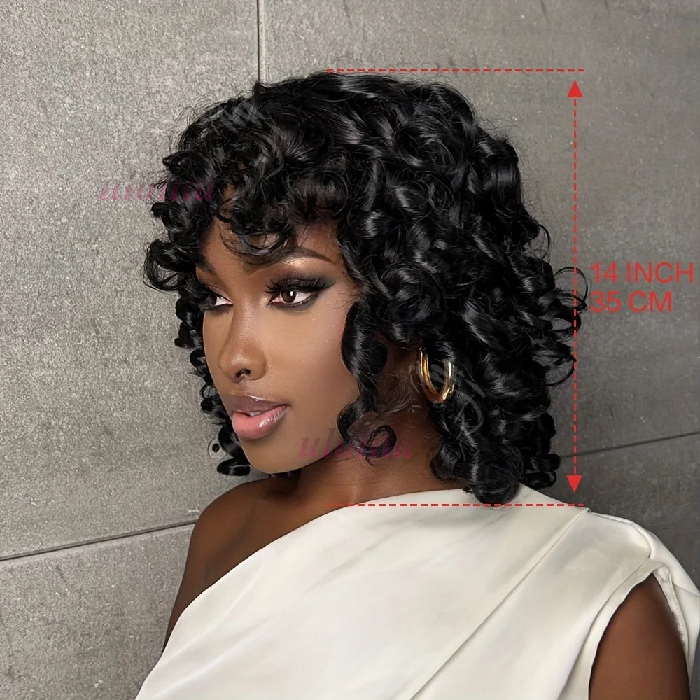 Rose Curly Wig With Bangs Fumi Human Hair Full Machine Made Loose Wave Short Bob Wigs For Women Brazilian Virgin Pixie Cut Wig