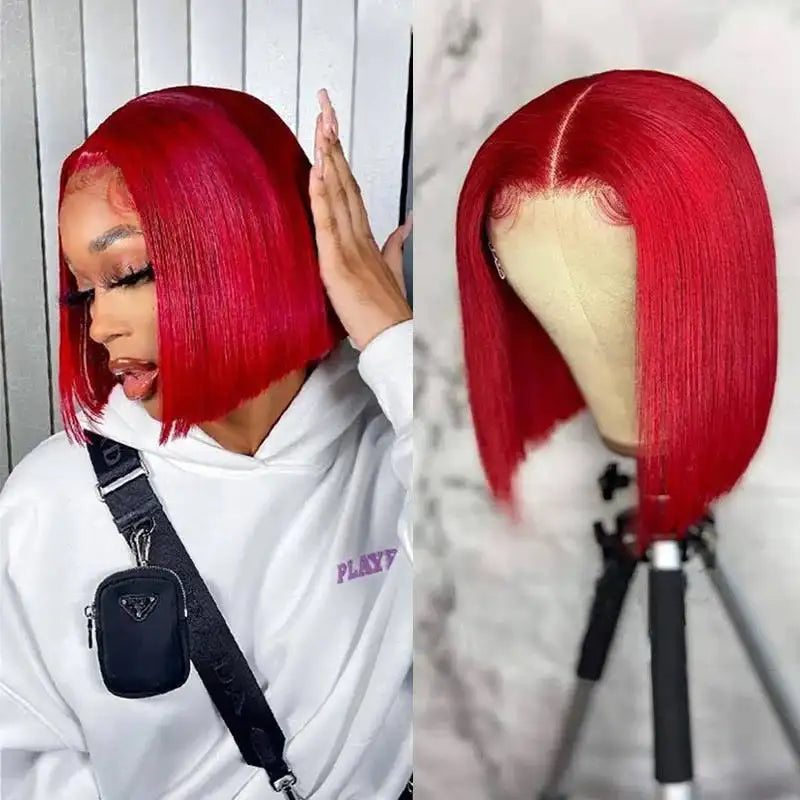 Red Short Bob Wig Human Hair Straight 13X4 Lace Frontal Wig With Natural Hairline Pre Plucked Short Human Hair Wigs