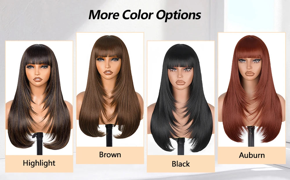 Layered Lace Wigs with Bangs Straight Lace Fake Scalp Synthetic Natural Layers Cut Wigs For Women Heat Resistant Glueless Wigs