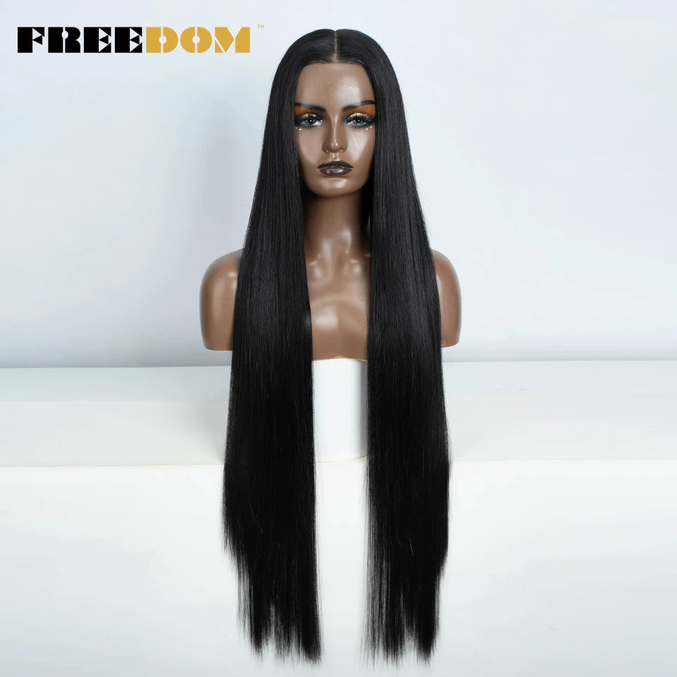 FREEDOM Straight Synthetic Lace Front Wig For Women 38 Inch Long Ombre Brown Red Blonde Hightlight Lace Frontal Wigs Cosplay Wig