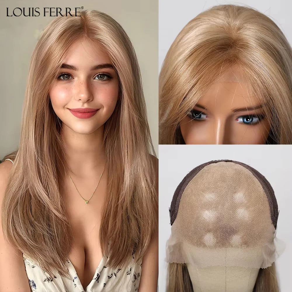Natural Black With Blonde Highlights Wigs For Women Daily Straight Layered 13*6 Lace Front Synthetic Wig Free Part High Density
