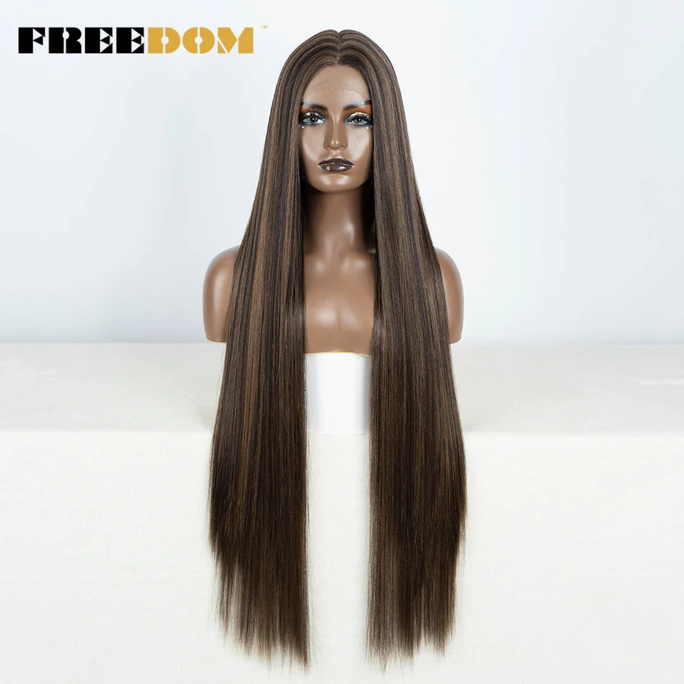 FREEDOM Straight Synthetic Lace Front Wig For Women 38 Inch Long Ombre Brown Red Blonde Hightlight Lace Frontal Wigs Cosplay Wig