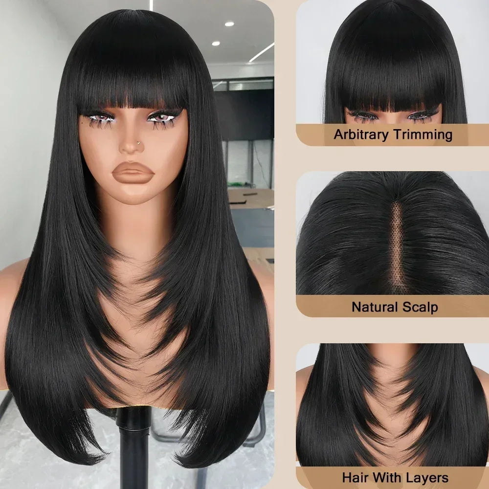 Layered Lace Wigs with Bangs Straight Lace Fake Scalp Synthetic Natural Layers Cut Wigs For Women Heat Resistant Glueless Wigs
