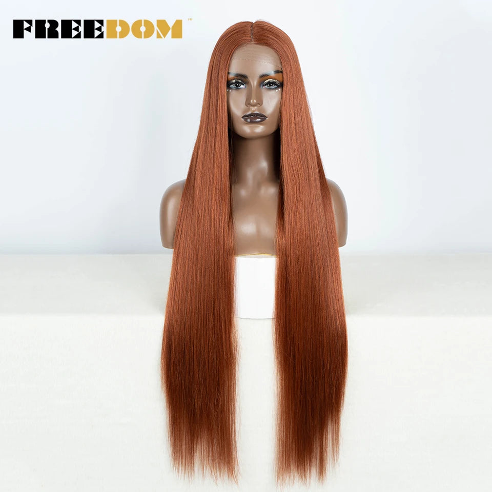 FREEDOM Straight Synthetic Lace Front Wig For Women 38 Inch Long Ombre Brown Red Blonde Hightlight Lace Frontal Wigs Cosplay Wig
