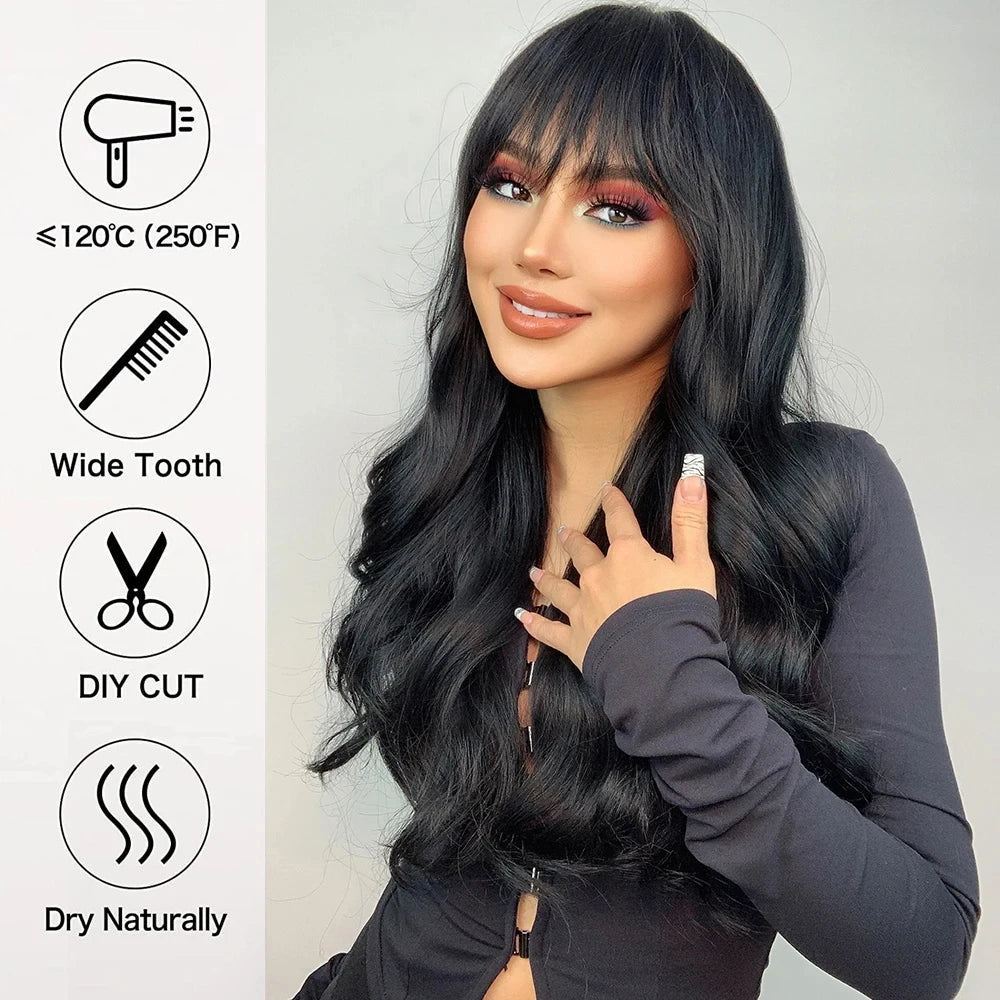 Black synthetic wig with bangs long Wave wig Ladies Cosplay daily use of natural wave curly high temperature silk wig