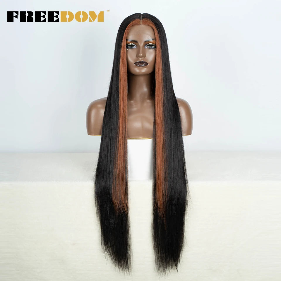FREEDOM Straight Synthetic Lace Front Wig For Women 38 Inch Long Ombre Brown Red Blonde Hightlight Lace Frontal Wigs Cosplay Wig