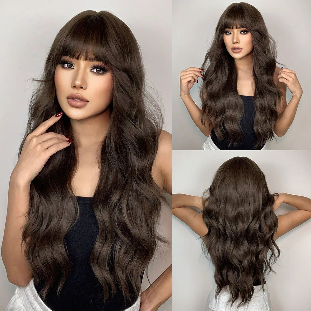 Black synthetic wig with bangs long Wave wig Ladies Cosplay daily use of natural wave curly high temperature silk wig