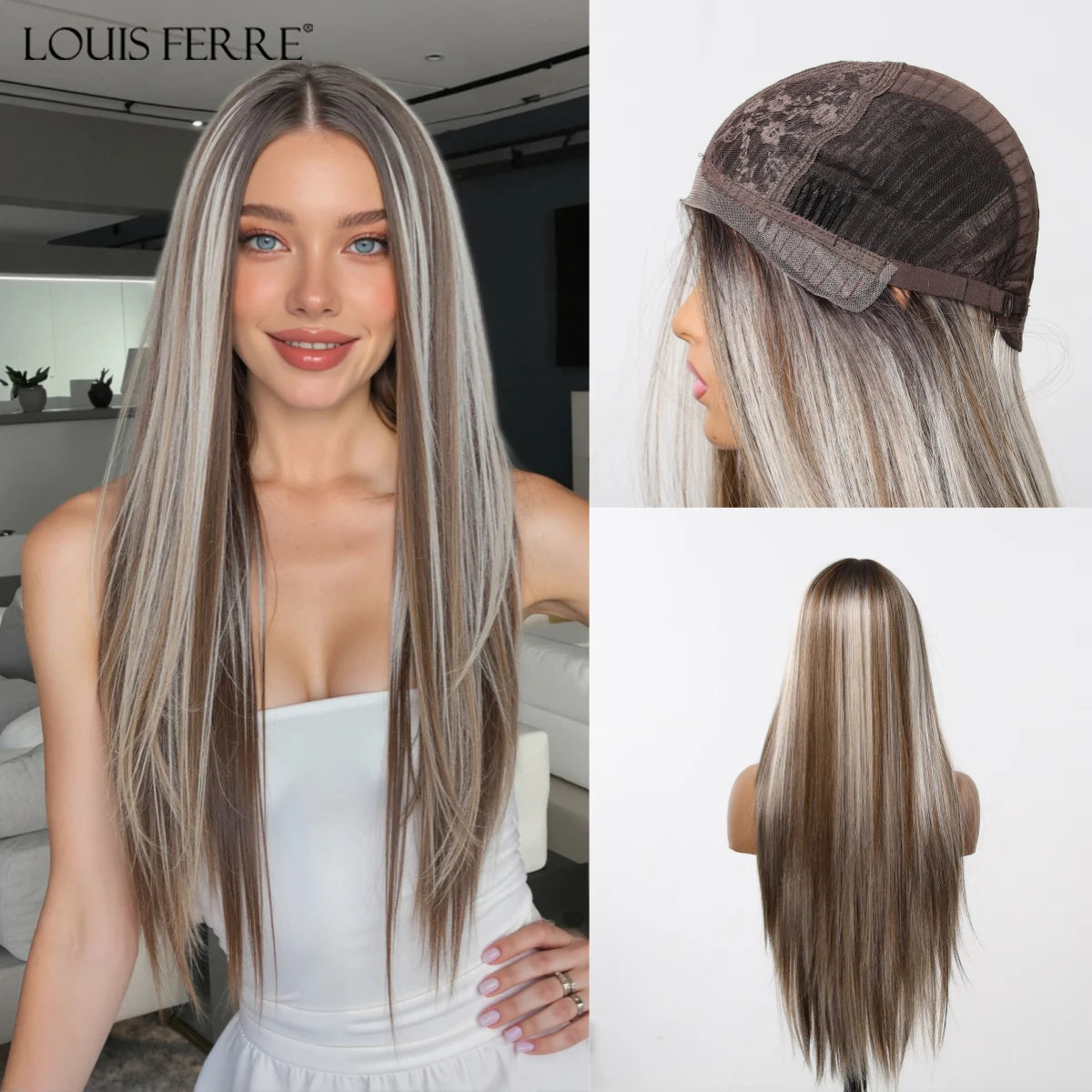 Natural Black With Blonde Highlights Wigs For Women Daily Straight Layered 13*6 Lace Front Synthetic Wig Free Part High Density