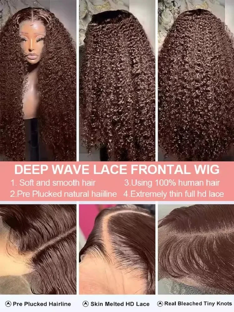 13x4 Deep Wave Chocolate Brown Lace Front Wigs 13x6 Hd Human Hair Lace Frontal Wig Colored Wig For Women 250 Density Pre Plucked