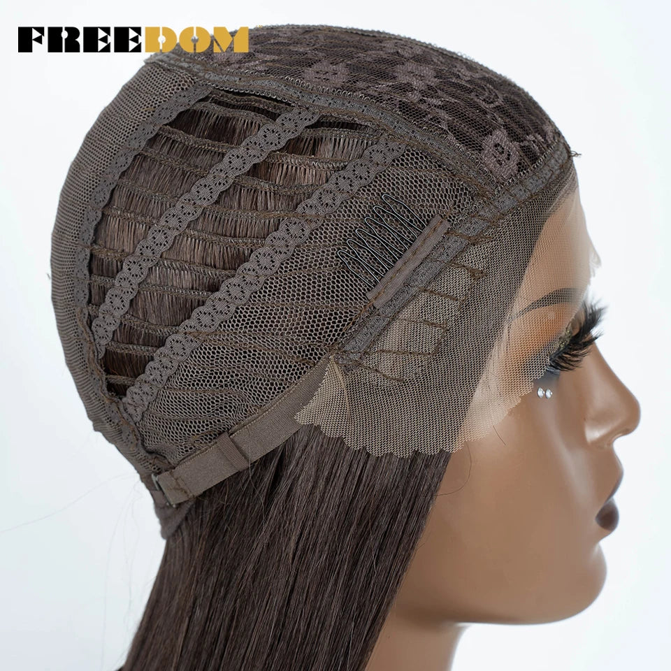 FREEDOM Straight Synthetic Lace Front Wig For Women 38 Inch Long Ombre Brown Red Blonde Hightlight Lace Frontal Wigs Cosplay Wig