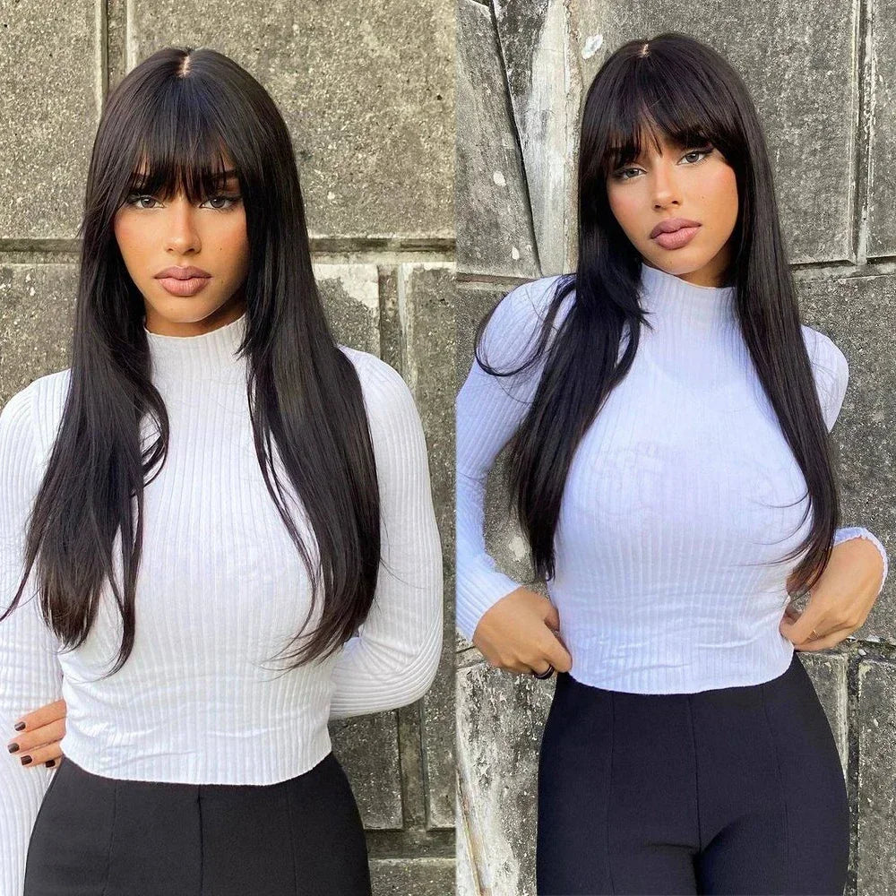 Layered Lace Wigs with Bangs Straight Lace Fake Scalp Synthetic Natural Layers Cut Wigs For Women Heat Resistant Glueless Wigs