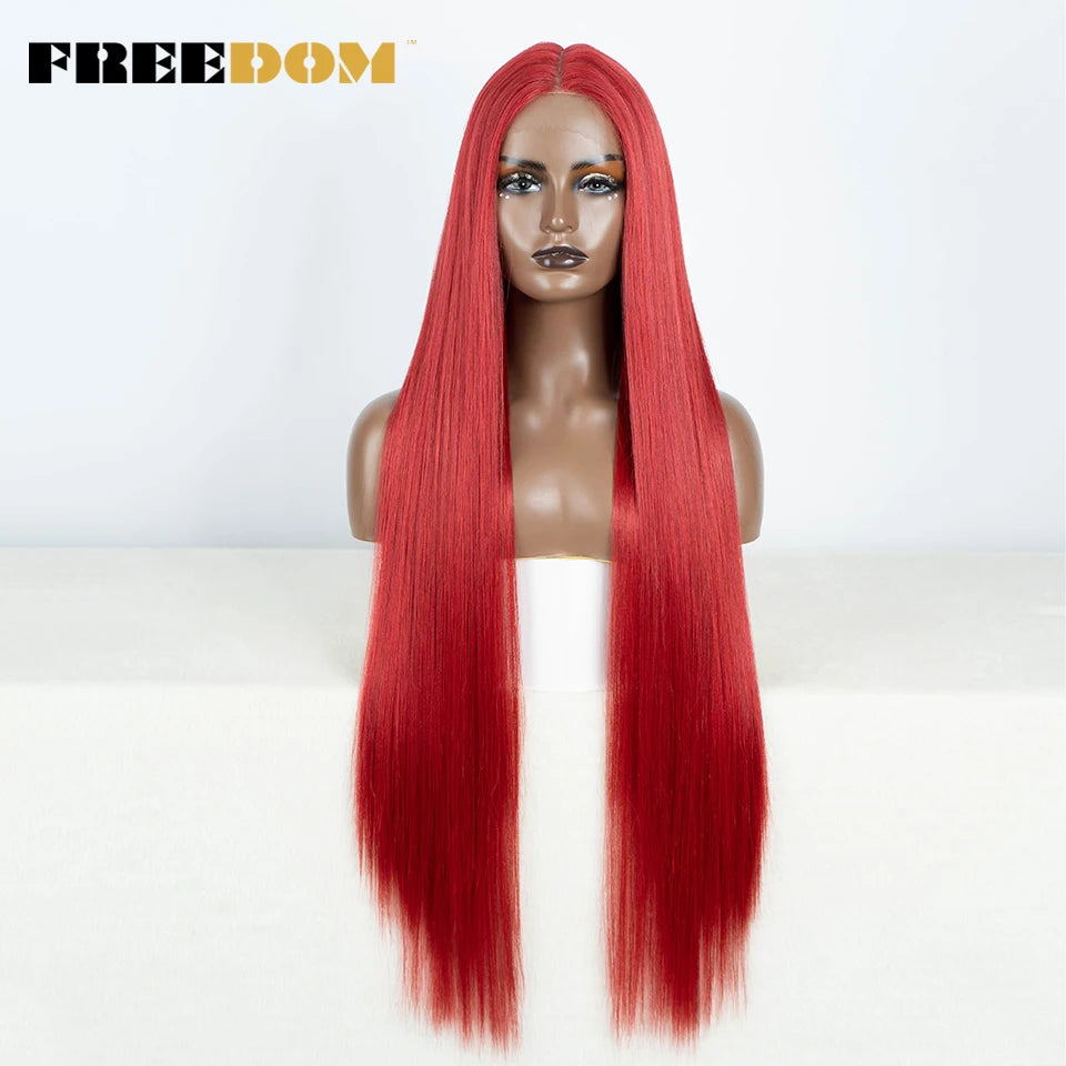 FREEDOM Straight Synthetic Lace Front Wig For Women 38 Inch Long Ombre Brown Red Blonde Hightlight Lace Frontal Wigs Cosplay Wig