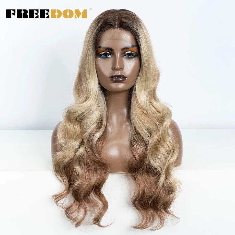 FREEDOM Synthetic Lace Front Wigs For Women 26“ Highlight Honey Brown Body Wave Wig Ombre Blonde Lace Wig Synthetic Cosplay Wig
